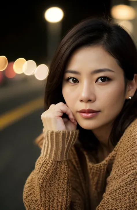 Portrait of a middle-aged Taiwanese woman, 40 years old, cute face, Slim, Tortitz, (big sagging:1.1), huge nipples, wear (Sexy sweater:1.2), sitting on the roadside, Bokeh background, Simple background, (highly refined skin:1.0), (masterpiece:1.2) (lifelik...