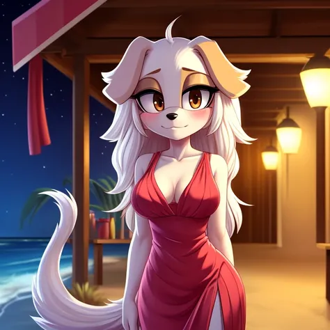 1girl, white borzoi dog, (Mobian), (2d art, cel shading), dog ears, tall tail, white hair, long hair, (white ears), (floppy ears), brown eyes, white fur, ((brown eyelids)), looking at viewer, blushing, shy, portrait, medium breasts, slit dress, watermelon ...