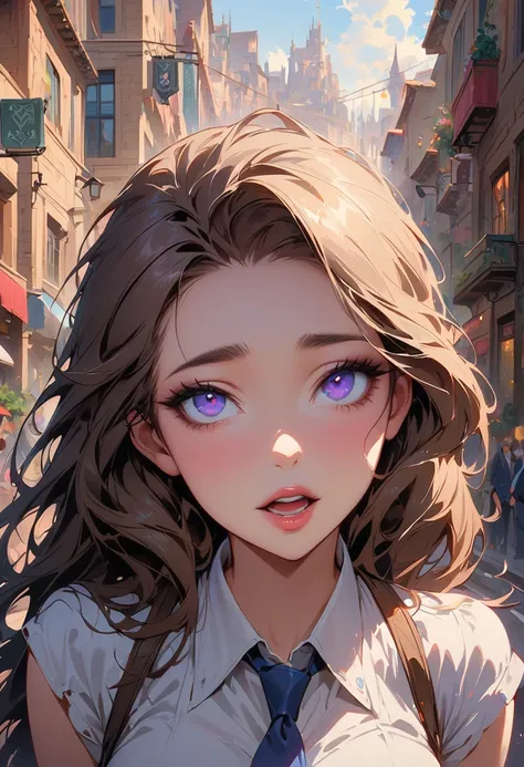 Anime girl with long hair and blue eyes standing on the city street, Hot Trends in ArtStation Pixiv, purple eyes, blue tie, fair (delicate eyes, Detailed face,) ahegao, Yuradev, Noble temperament, High heel, No watermark