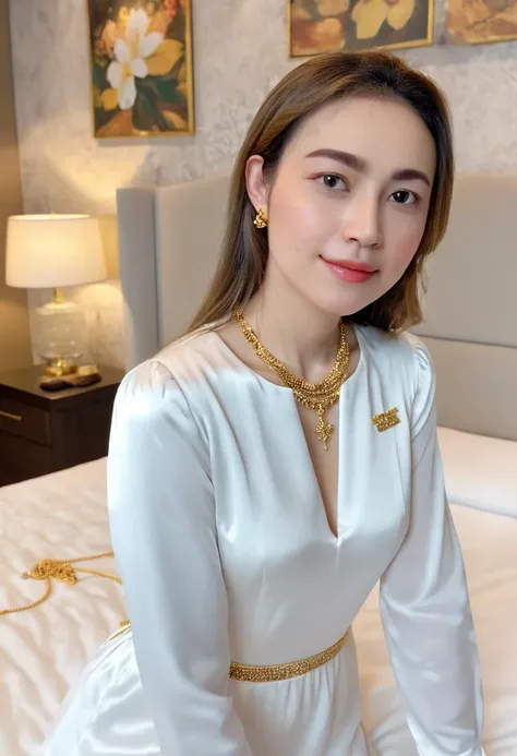 1 girl,8k, masterpiece,on bed, small gold necklace,white luxury dress