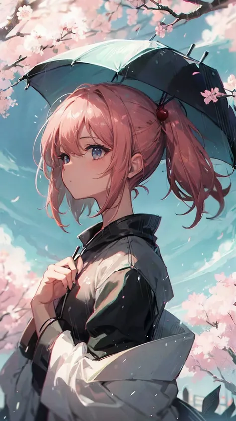 Product illustration of a girl in the rain,cherry blossoms