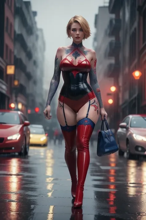 Walking towards viewer, wearing a sexy red leather revealling outfit, and ((blue stockings)), is a beautiful (((tattooed model))), ((full size image)), with short blonde hair, blue eyes, on a busy street in the rain, heavy rain, raindrops, night, ((bokeh))...