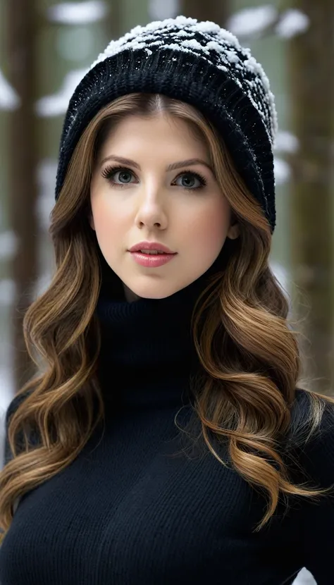 Anna Kendrick, gorgeous woman, long wavy hair, wearing a tight wool turtleneck sweater, a bonnet on the head, tight leather leggings, Ugg boots, 30 years old, she is a playboy magazine model, sexy poses in snowy forest, ruffled lips, flirtatious smile, hap...