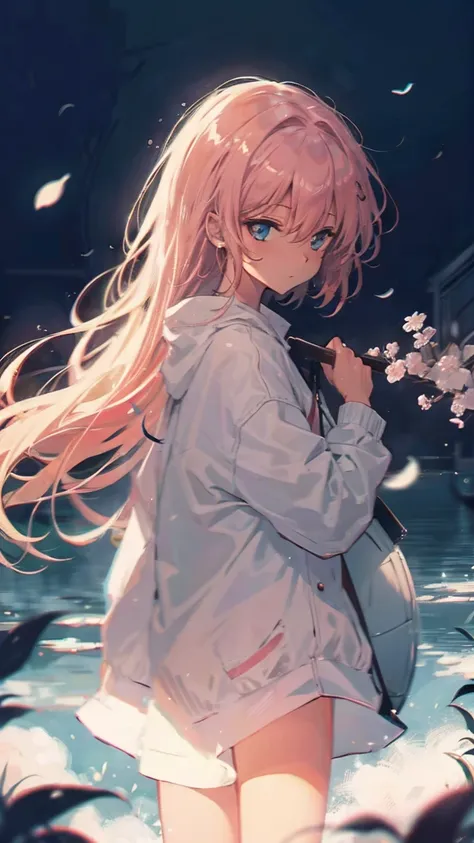 Product illustration of a girl in the rain,cherry blossoms