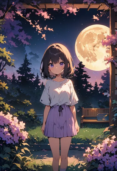 super quality, masterpiece, Japanese cartoons, 2d cartoon, Japanese art, Colorful Japanese comics, 1 girl, Medium hair and eyes, Casual Wear, Lilac skirt, night, dark lights, Star, moon, bench, trees,  green, Grass, garden  