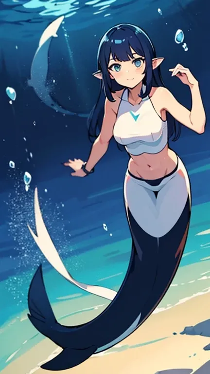 high quality, masterpiece, full body, anime style, underwater, 1girl, mershark, mermaid girl, shark mermaid, mature, sexy, lustful, lustful look, swimming suit, mature, slim and sexy body, dark blue hair, fins