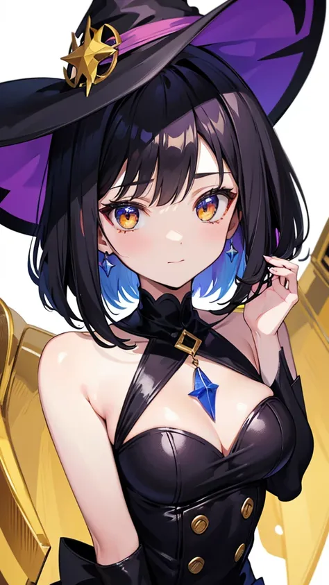 Witchs outfit, Anime-style portrait of a teen-ager girl with a deep violet bob cut, (Golden eyes), bright eyes, baby-faced, eye contact with the camera, subtle smile, minimalistic background to emphasize character, high contrast, clean lines, digital paint...