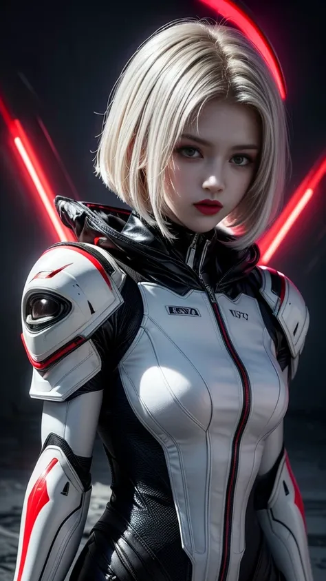 A digital illustration of a white mecha suit with short bob hairstyle, white hair, (full body length), (super cuteness), (super beautiful face), 32k UHD, C4D style, octane render, sharp focus, complex details, perfect details, highest resolution, Show shoe...