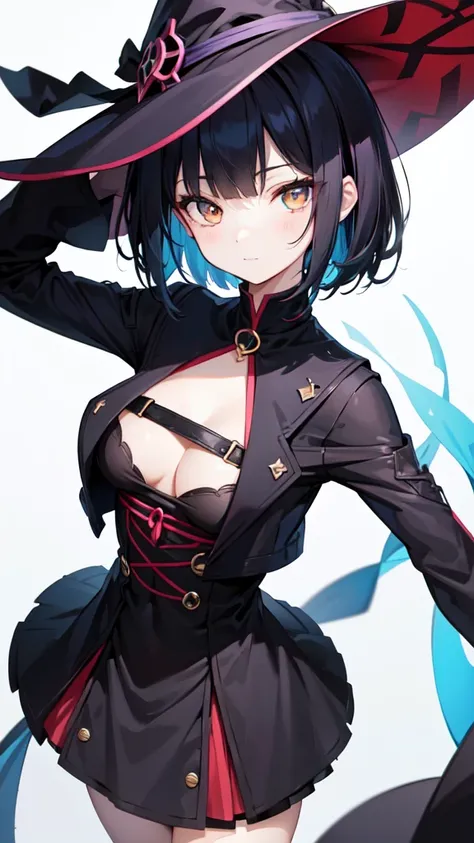 Witchs outfit, Anime-style portrait of a teen-ager girl with a deep violet bob cut, (Golden eyes), bright eyes, baby-faced, eye contact with the camera, subtle smile, minimalistic background to emphasize character, high contrast, clean lines, digital paint...