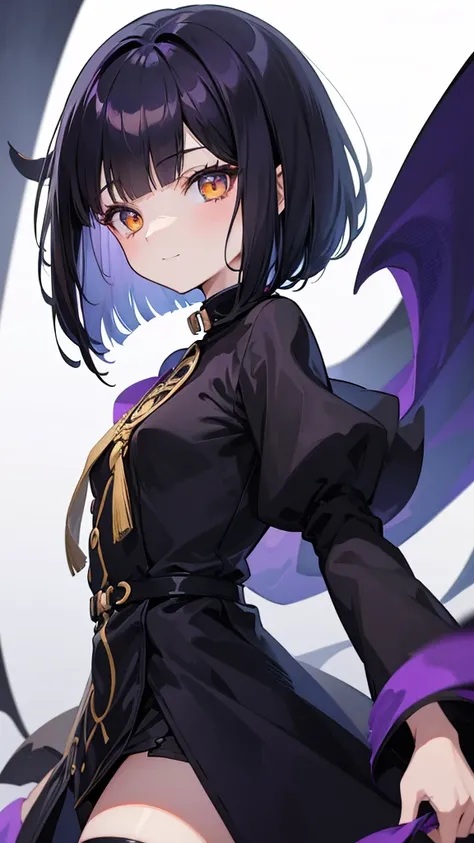 Witchs outfit, Anime-style portrait of a teen-ager girl with a deep violet bob cut, (Golden eyes), bright eyes, baby-faced, eye contact with the camera, subtle smile, minimalistic background to emphasize character, high contrast, clean lines, digital paint...