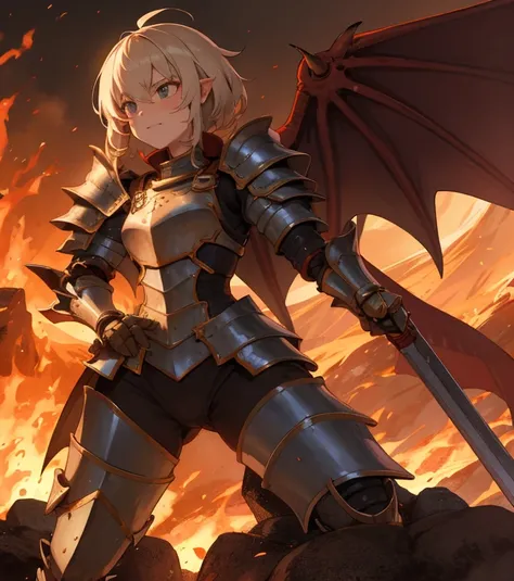 Girl, dragon girl, drakescale armour, revealing armour, Greatsword, fire, volcano background