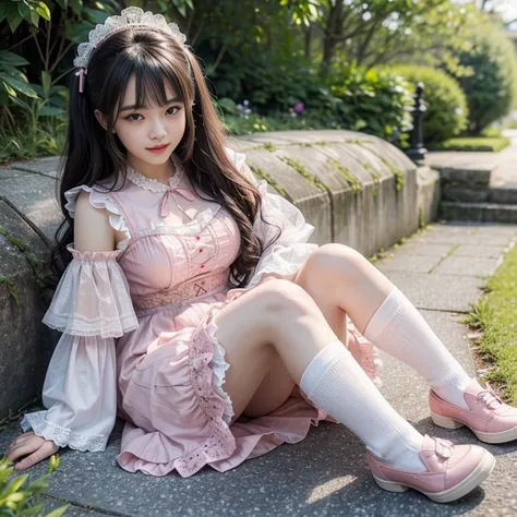 best quality, masterpiece, lifelike, 1 girl, alone, eternal, black hair, Long curly hair, blunt bangs, Smile, pink skirt, pink lolita dress, layered skirt, Lolita style long skirt,Layered dress lace-trimmed skirt, decorate, lace, long sleeve, puff sleeves,...