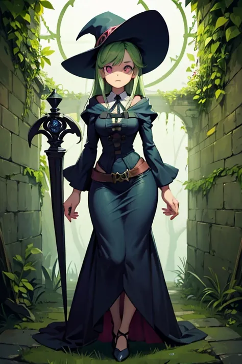 a light green haired female witch with pink eyes with an hourglass figure wearing a conservative Victorian dress is standing with vines all around her