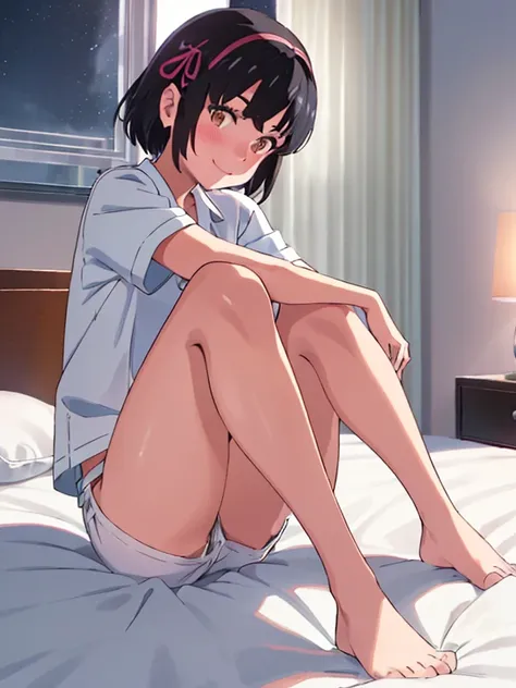 highest quality, (masterpiece:1.2), very detailed, shinkai makoto, kimi no na wa., 1 girl, bangs, black hair, blue null, blush, brown eyes, hair ribbon, hair band, looking at the viewer, short hair, smile, alone, whole body, is stretching, Bedroom, night, ...