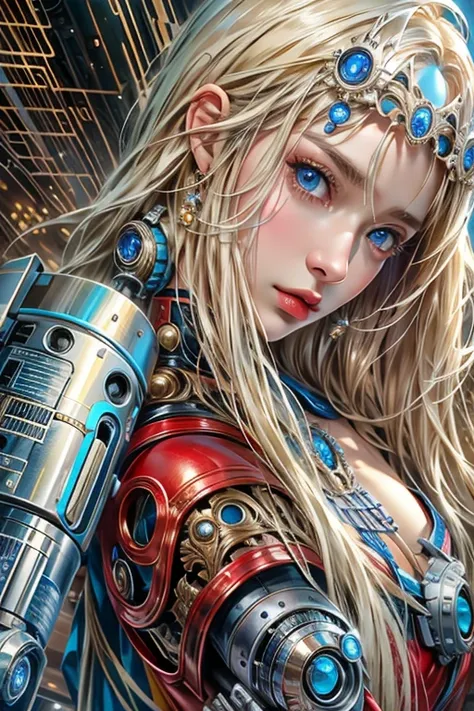 photorealistic, Realistic picture,Masterpiece,high resolution, woman ,have blue eyes, look at the viewer., (detailed face), has blue eyes,blonde hair, cybernetic robot,Metallic red body/gold color,(The details of the outfit are perfect.) The background is ...