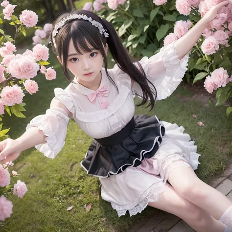 best quality, masterpiece, lifelike, 1 girl, alone, eternal, black hair, Long curly hair, blunt bangs, Smile, pink skirt, pink lolita dress, layered skirt, Lolita style long skirt,Layered dress lace-trimmed skirt, decorate, lace, long sleeve, puff sleeves,...