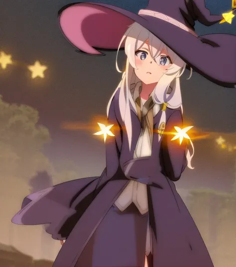 Elaina, girl, witch, anime, white hair, witch hat, night sky, moon, stars, flowers, glowing flowers, shooting star, town, town lights, nighttime.