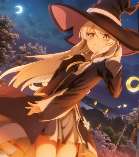 Elaina, girl, witch, anime, white hair, witch hat, night sky, moon, stars, flowers, glowing flowers, shooting star, town, town lights, nighttime.