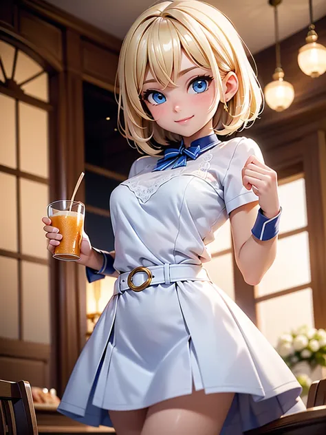 superb, amazing, super high quality, actual, girl, (beautiful face 1.4), (Big deal, Tighten the waist), blonde short hair, blue eyes, indoors, Bokeh, beautiful light, shiny skin, small head, Smile, dinner , Hold the cup