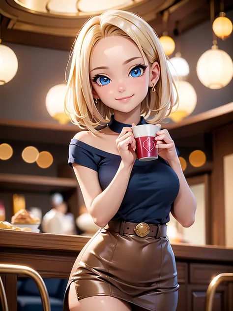 superb, amazing, super high quality, actual, girl, (beautiful face 1.4), (Big deal, Tighten the waist), blonde short hair, blue eyes, indoors, Bokeh, beautiful light, shiny skin, small head, Smile, dinner , Hold the cup