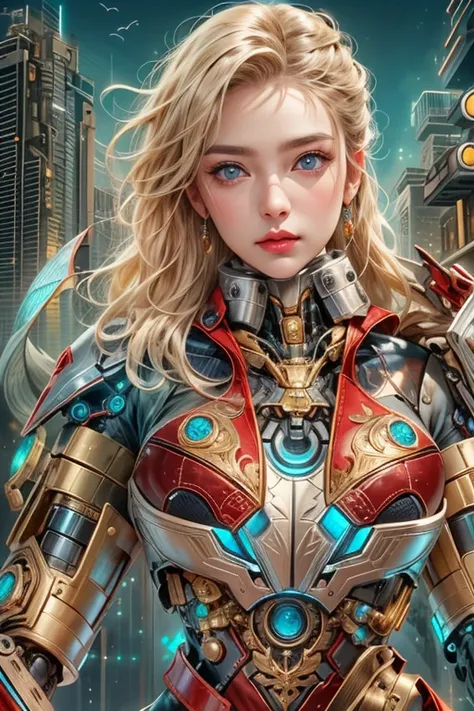 photorealistic, Realistic picture,Masterpiece,high resolution, woman ,have blue eyes, look at the viewer., (detailed face), has blue eyes,blonde hair, cybernetic robot,Metallic red body/gold color,(The details of the outfit are perfect.) The background is ...