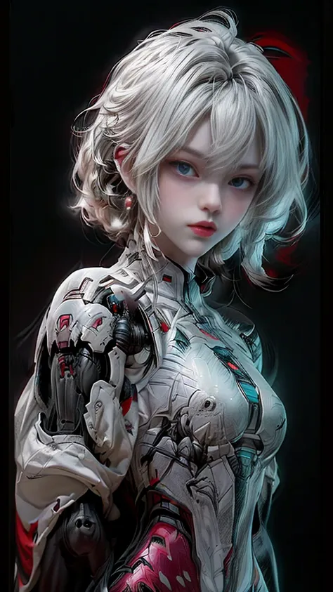 a digital illustration of a white mecha suit with short bob hairstyle, white hair, (full body length), (super cuteness), (super ...