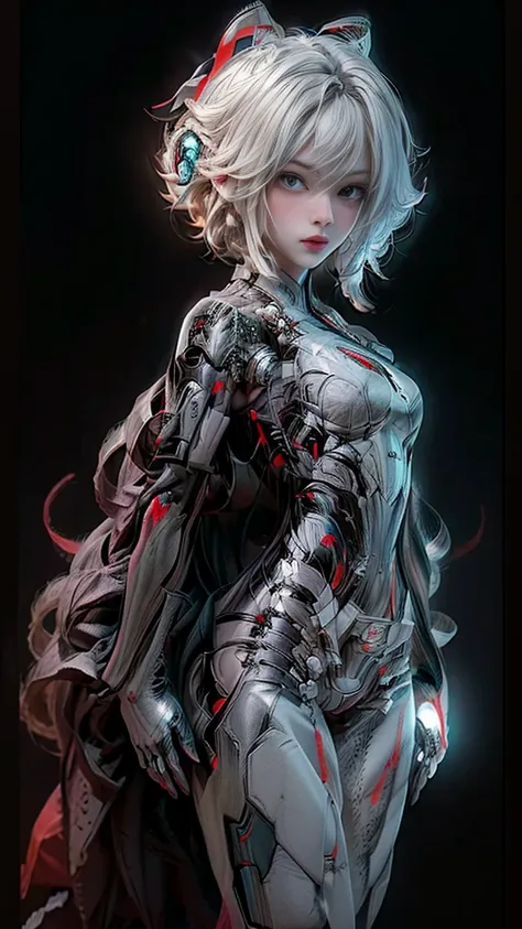 a digital illustration of a white mecha suit with short bob hairstyle, white hair, (full body length), (super cuteness), (super ...