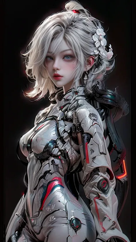 a digital illustration of a white mecha suit with short bob hairstyle, white hair, (full body length), (super cuteness), (super ...