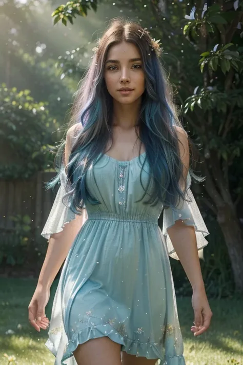 (best quality,ultra-detailed,realistic:1.37),bright electric blue hair flowing around a young girls head and shoulders,full body view,shimmering like a cascading waterfall,(long, flowing hair:cascading hair:1.1),(intense, vibrant color:electric blue:1.1),g...