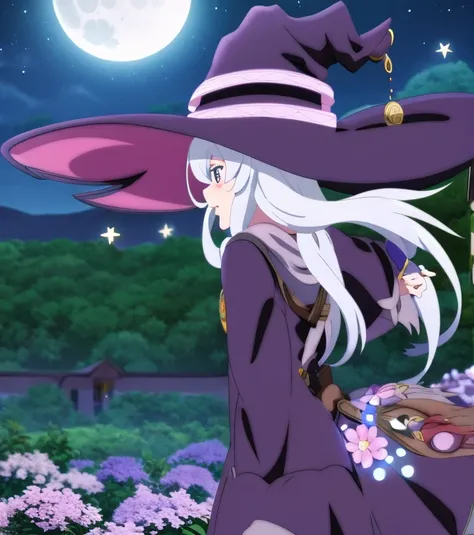 elaina, girl, witch, anime, white hair, witch hat, night sky, moon, stars, flowers, glowing flowers, shooting star, town, town l...