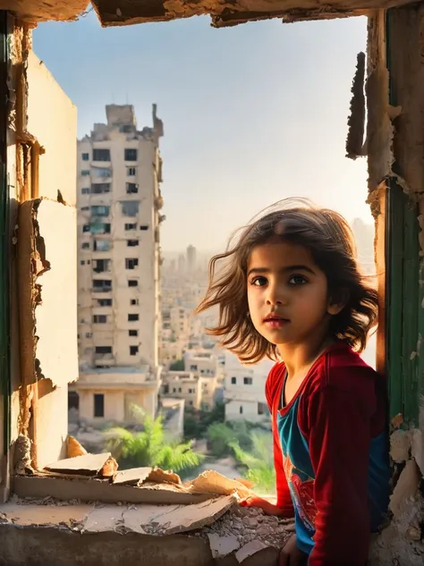 a child hiding in the ruins of a dilapidated room, looking through a broken window, delightfully watching the thriving cityscape outside, gaza, the beautiful city of the childs imagination, beautiful detailed eyes, beautiful detailed lips, extremely detail...