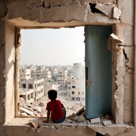 child hides in a room with crumbling walls, looking through a broken window with a fearful expression at a war-torn scene outside. The setting is in Gaza, with the cityscape featuring ruins and debris visible from the window, emphasizing the harsh realitie...