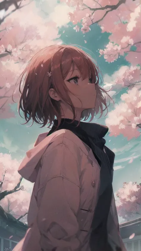 girl illustration,cherry blossoms,Look up at the sky,cherry blossomsが舞う