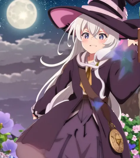 elaina, girl, witch, anime, white hair, witch hat, night sky, moon, stars, flowers, glowing flowers, shooting star, town, town l...