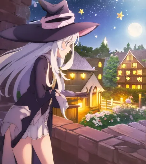 elaina, girl, witch, anime, white hair, witch hat, night sky, moon, stars, flowers, glowing flowers, shooting star, town, town l...