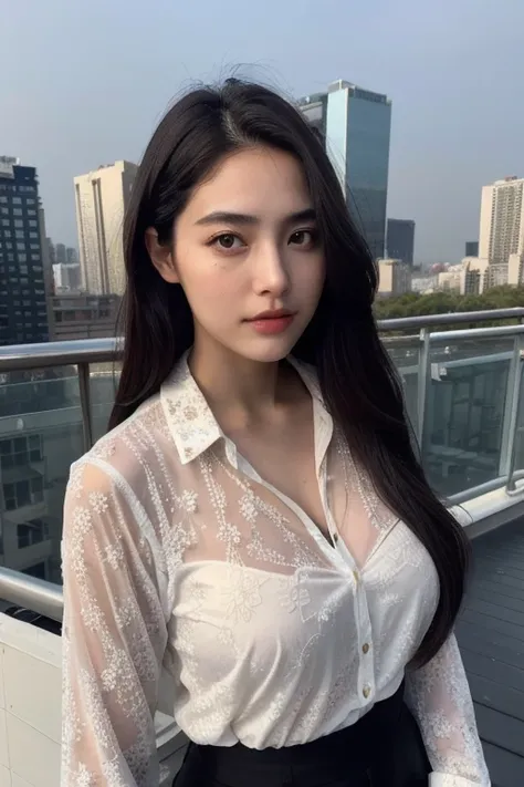 A 28-year-old beautiful-faced woman with large breasts wears a long-sleeved shirt on a rooftop.