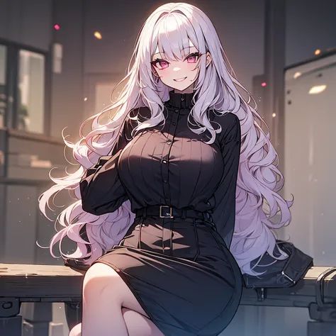 highest quality、silver hair、slanted eyes、pink eyes、pale skin、vampire、black long sleeve knitted outfit、big breasts、short skirt、kn...