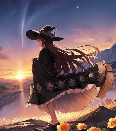 1girl, solo, witch, witch hat, robe, sea, sunrise (or sunset), flowers, mountains, stars.