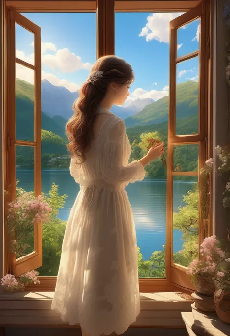 1girl, The View Outside the Window, (4k,8k,highres,:1.2),ultra-detailed,(realistic,photorealistic,photo-realistic:1.37),indoor view,window view,outside scene,outdoor scenery,breathtaking landscape,panoramic view,serene atmosphere,clear blue sky,rolling hil...