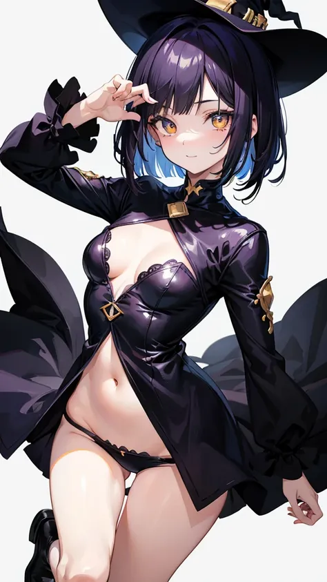 Witchs outfit, Anime-style portrait of a teen-ager girl with a deep violet bob cut, (Golden eyes), bright eyes, baby-faced, eye contact with the camera, subtle smile, minimalistic background to emphasize character, high contrast, clean lines, digital paint...