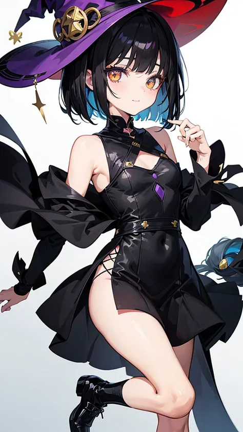 Witchs outfit, Anime-style portrait of a teen-ager girl with a deep violet bob cut, (Golden eyes), bright eyes, baby-faced, eye contact with the camera, subtle smile, minimalistic background to emphasize character, high contrast, clean lines, digital paint...