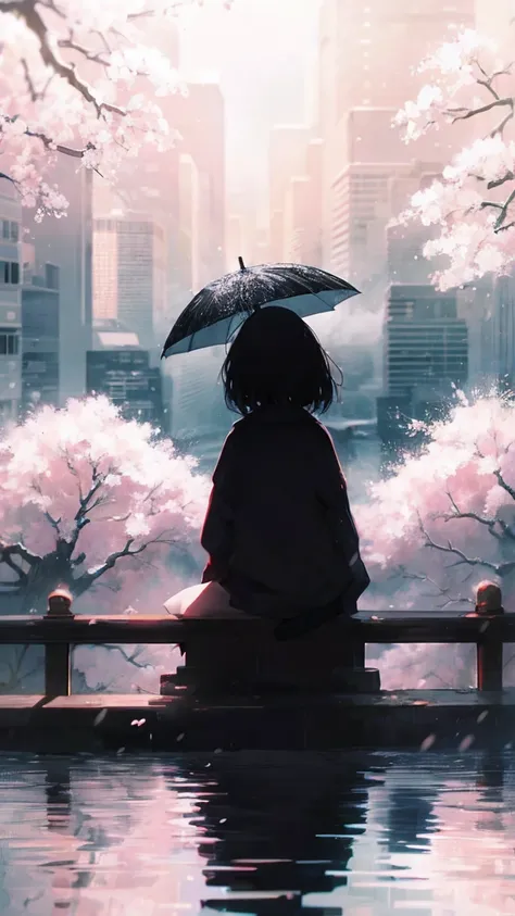 Product illustration of a girl in the rain,cherry blossoms,sitting