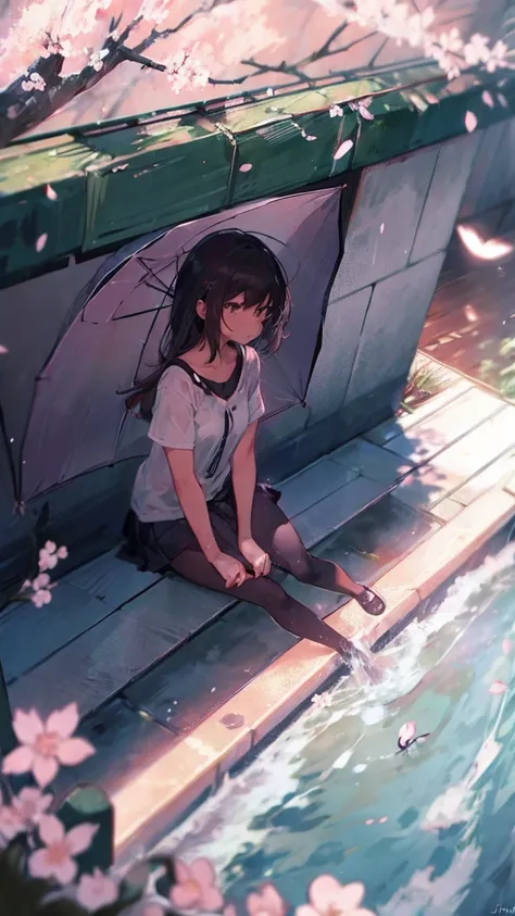 Product illustration of a girl in the rain,cherry blossoms,sitting