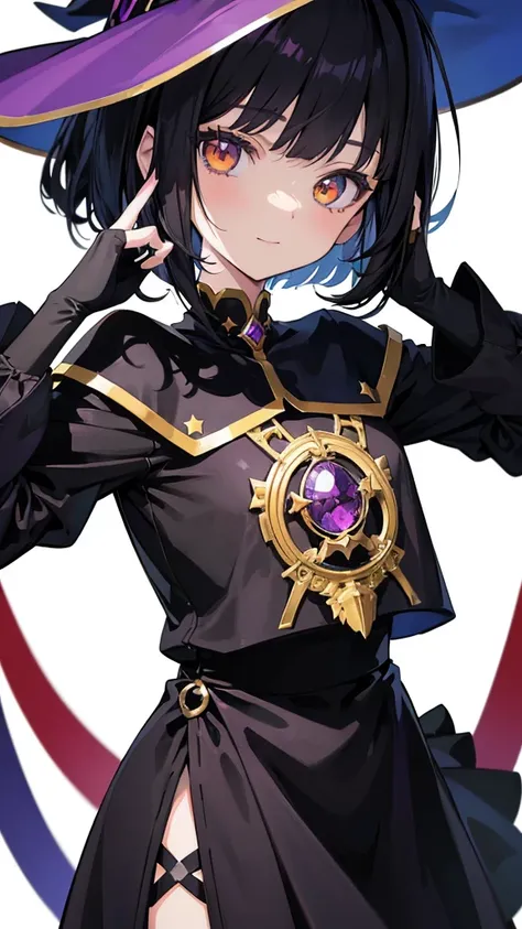 Witchs outfit, Anime-style portrait of a teen-ager girl with a deep violet bob cut, (Golden eyes), bright eyes, baby-faced, eye contact with the camera, subtle smile, minimalistic background to emphasize character, high contrast, clean lines, digital paint...