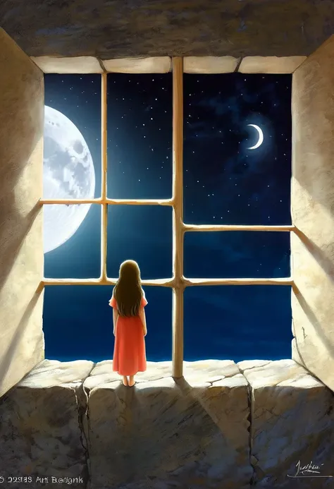 beautiful dark room，There is a big window, The scenery outside the window，Looking out from the window，Girl looking into the distance at the window，The Faceless Stone Woman on the Bridge，Handheld Light，Background with full moon, With the sky as a background...