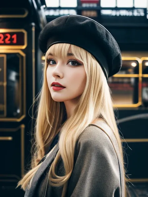 blonde、long hair、beauty、Western mourning、Russian long black hat、steam locomotive、steam locomotiveの前で、SL、station platform、steam locomotiveの煙突から煙、Long black ushanka、Tall black ushanka、Black Russian Cossack hat