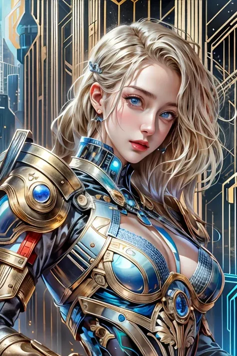 photorealistic, Realistic picture,Masterpiece,high resolution, woman ,have blue eyes, look at the viewer., (detailed face), has blue eyes,blonde hair, cybernetic robot,Metallic red body/gold color,(The details of the outfit are perfect.) The background is ...