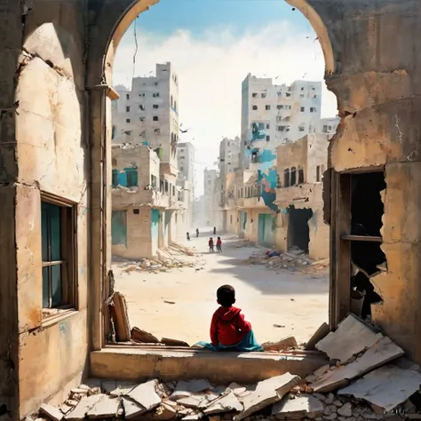 In a vibrant two-dimensional style, depict a child hiding in a room with crumbling walls, looking through a broken window with an expression of surprise and joy at the sight of a thriving city outside. The setting is in Gaza, but the cityscape is imagined ...