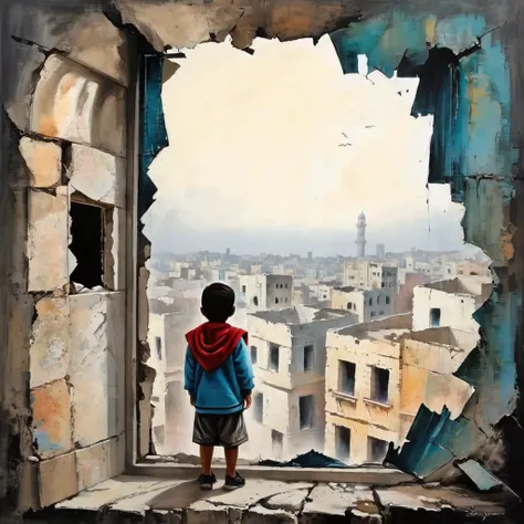 In a vibrant two-dimensional style, depict a child hiding in a room with crumbling walls, looking through a broken window with an expression of surprise and joy at the sight of a thriving city outside. The setting is in Gaza, but the cityscape is imagined ...