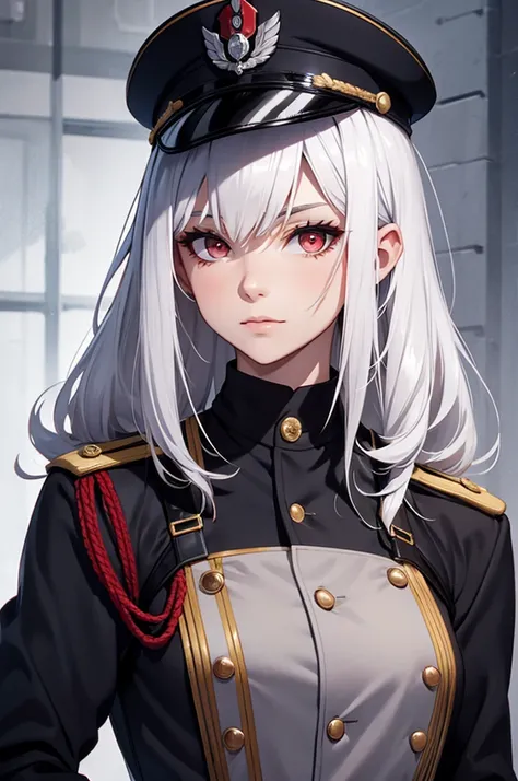 A woman with white hair, red eyes, and a small white wound on her cheek. Wearing a black German soldier&#39;s uniform WWII era sexy